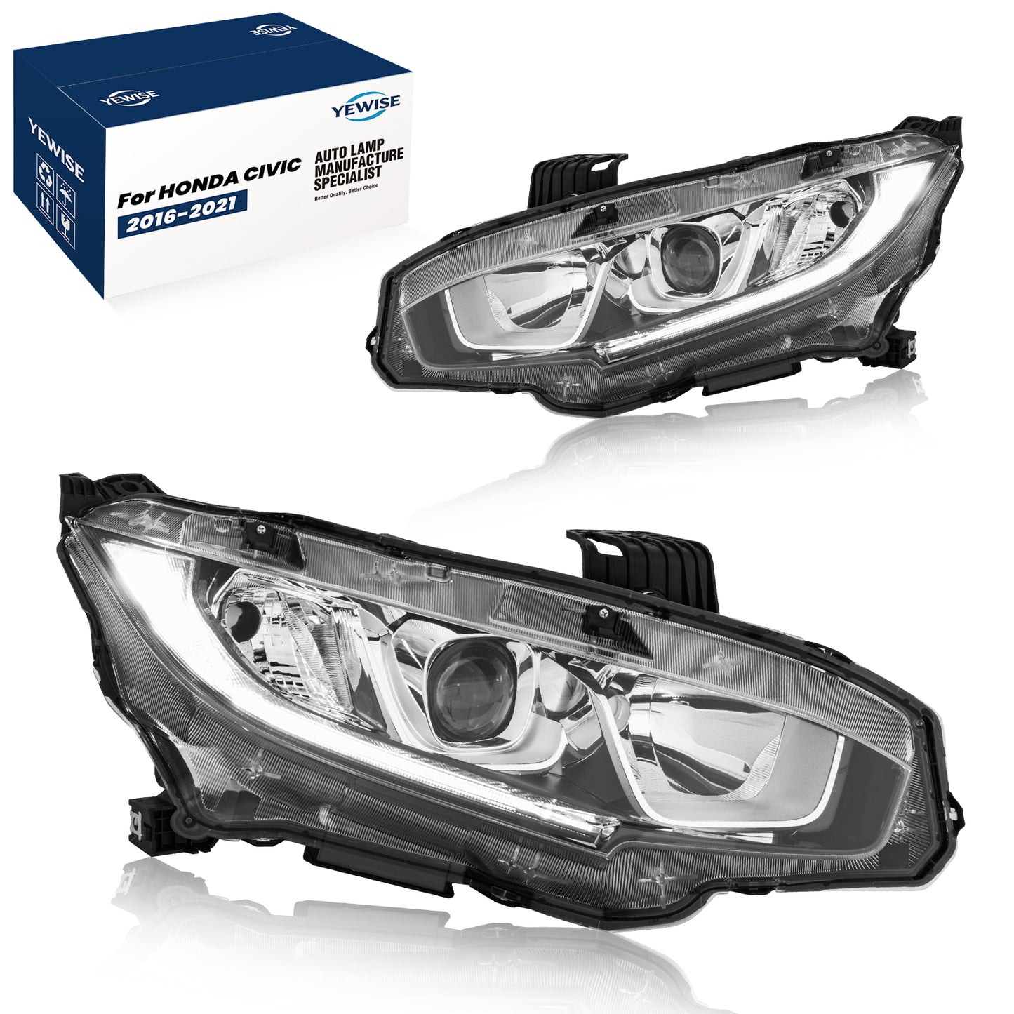 YEWISE Headlight Assembly Pair for 2016-2021 Honda Civic – Chrome Housing Projector Headlamps with LED DRL, Driver & Passenger Side Replacement (OEM# 33150-TBA-A01 / 33100-TBA-A01), DOT Compliant
