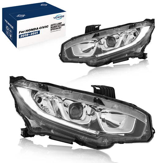 YEWISE Headlight Assembly Pair for 2016-2021 Honda Civic – Chrome Housing Projector Headlamps with LED DRL, Driver & Passenger Side Replacement (OEM# 33150-TBA-A01 / 33100-TBA-A01), DOT Compliant
