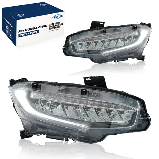 YEWISE Full LED Headlight Assembly Pair for 2016-2021 Honda Civic Touring / EX-L – Sequential Turn Signal, LED DRL + Low Beam + High Beam, Driver & Passenger Side Replacement (OEM# 33150-TBA-A11 / 33100-TBA-A11), DOT Compliant