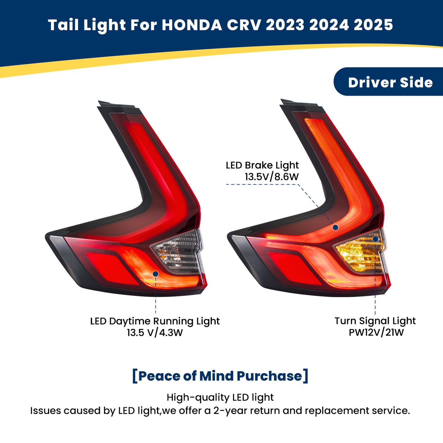YEWISE LED Tail Light Assembly for 2023-2025 Honda CR-V – Driver Side (Left, Outer / Body-Mounted), LED DRL + Brake Light + Turn Signal, Direct OEM Replacement (OEM# 33550-3A0-A11), DOT Compliant