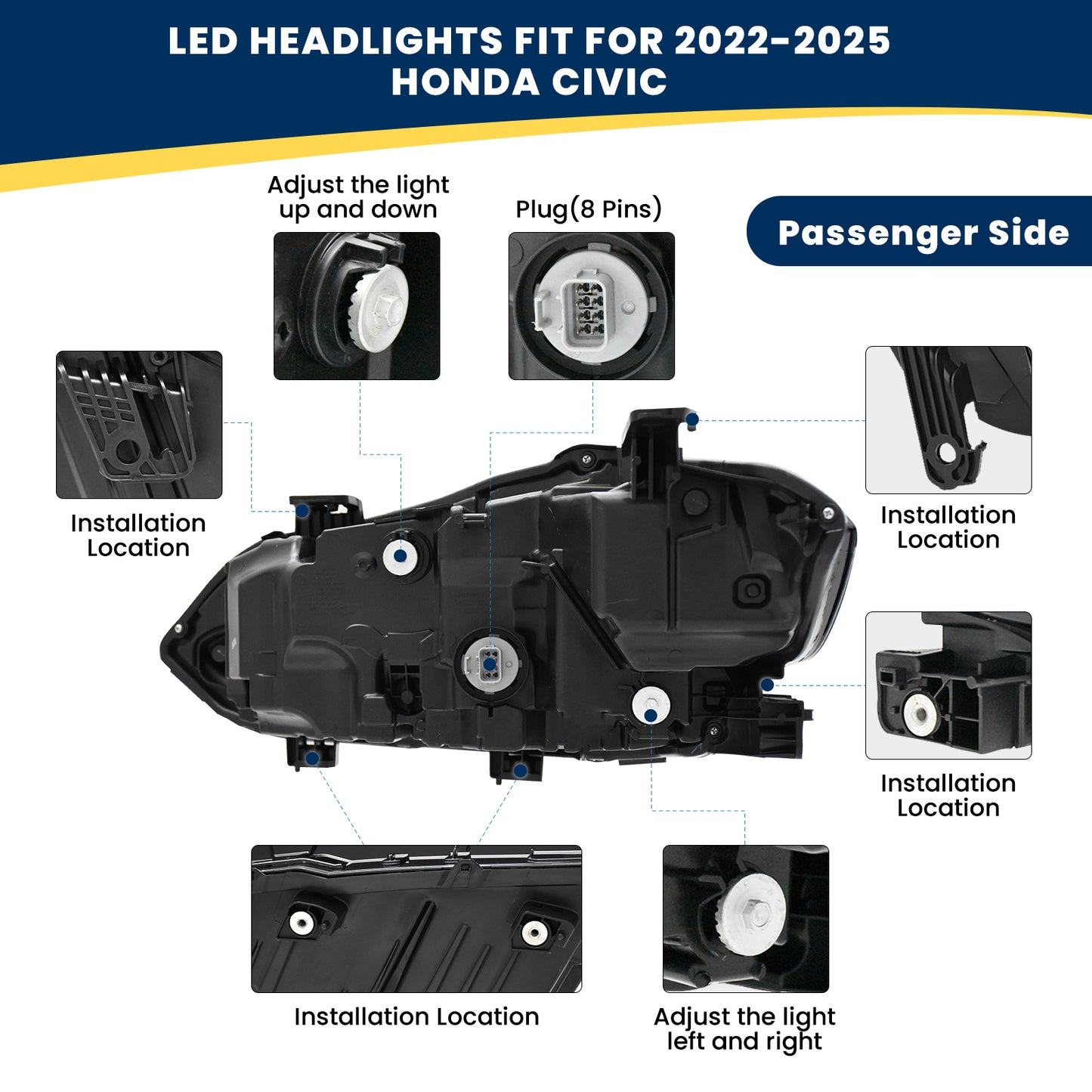 YEWISE LED Headlight Assembly for 2022-2025 Honda Civic – Passenger Side (Right / RH), Full LED with Sequential DRL, Low Beam + High Beam + Turn Signal, Chrome Accent, Direct OEM Replacement (OEM# 33100-T20-A52), DOT Compliant