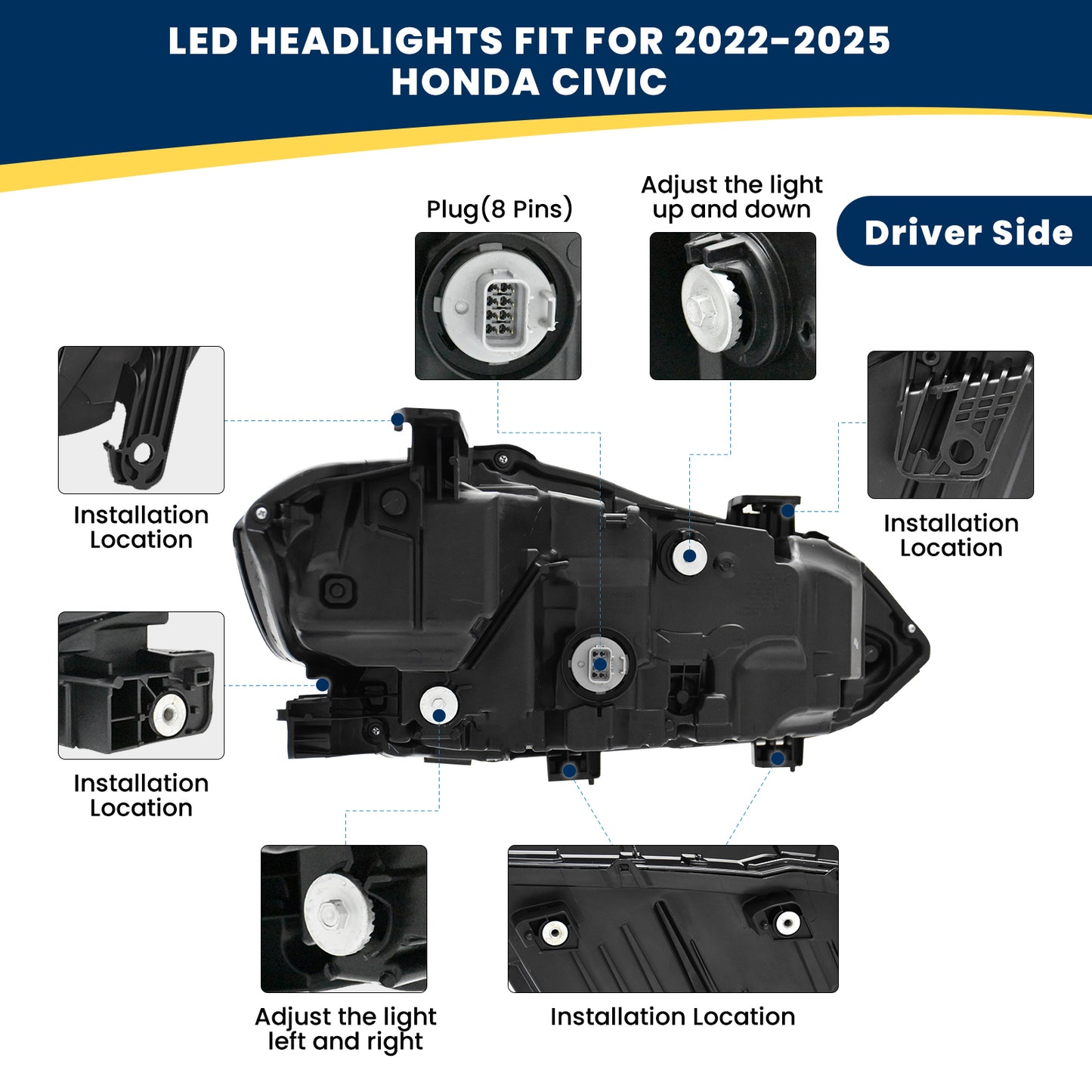 YEWISE LED Headlight Assembly for 2022-2025 Honda Civic – Driver Side (Left / LH), Full LED with Sequential DRL, Low Beam + High Beam + Turn Signal, Chrome Accent, Direct OEM Replacement (OEM# 33150-T20-A52), DOT Compliant