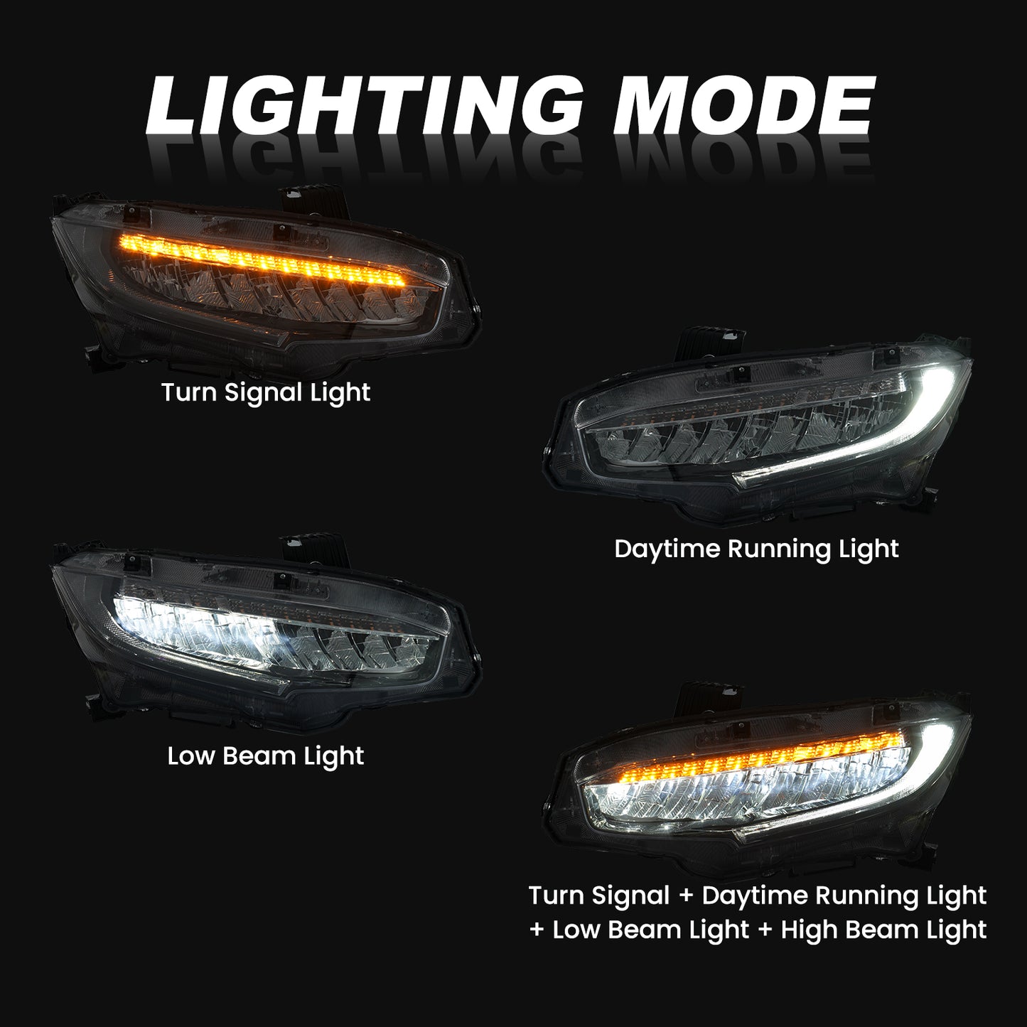 YEWISE Full LED Headlight Assembly Pair for 2016-2021 Honda Civic Touring / EX-L – Sequential Turn Signal, LED DRL + Low Beam + High Beam, Driver & Passenger Side Replacement (OEM# 33150-TBA-A11 / 33100-TBA-A11), DOT Compliant