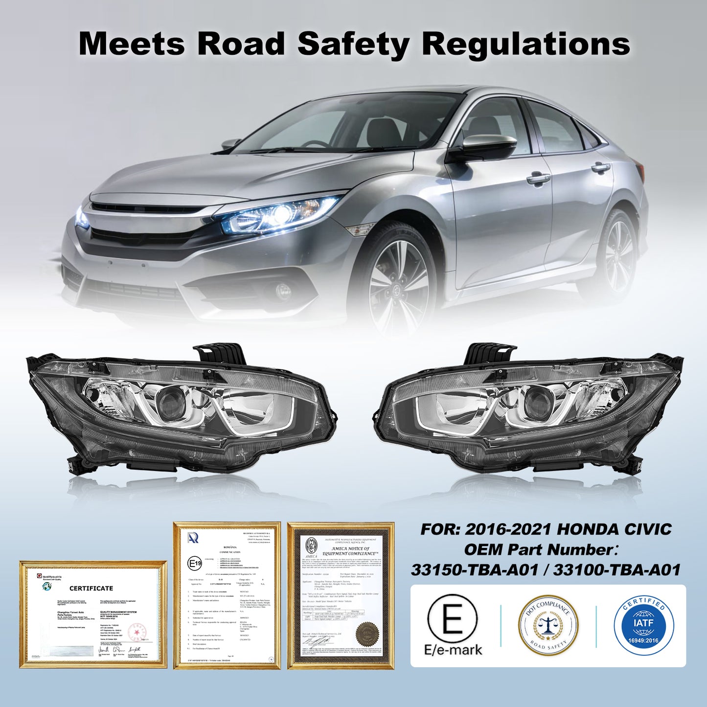 YEWISE Headlight Assembly Pair for 2016-2021 Honda Civic – Chrome Housing Projector Headlamps with LED DRL, Driver & Passenger Side Replacement (OEM# 33150-TBA-A01 / 33100-TBA-A01), DOT Compliant