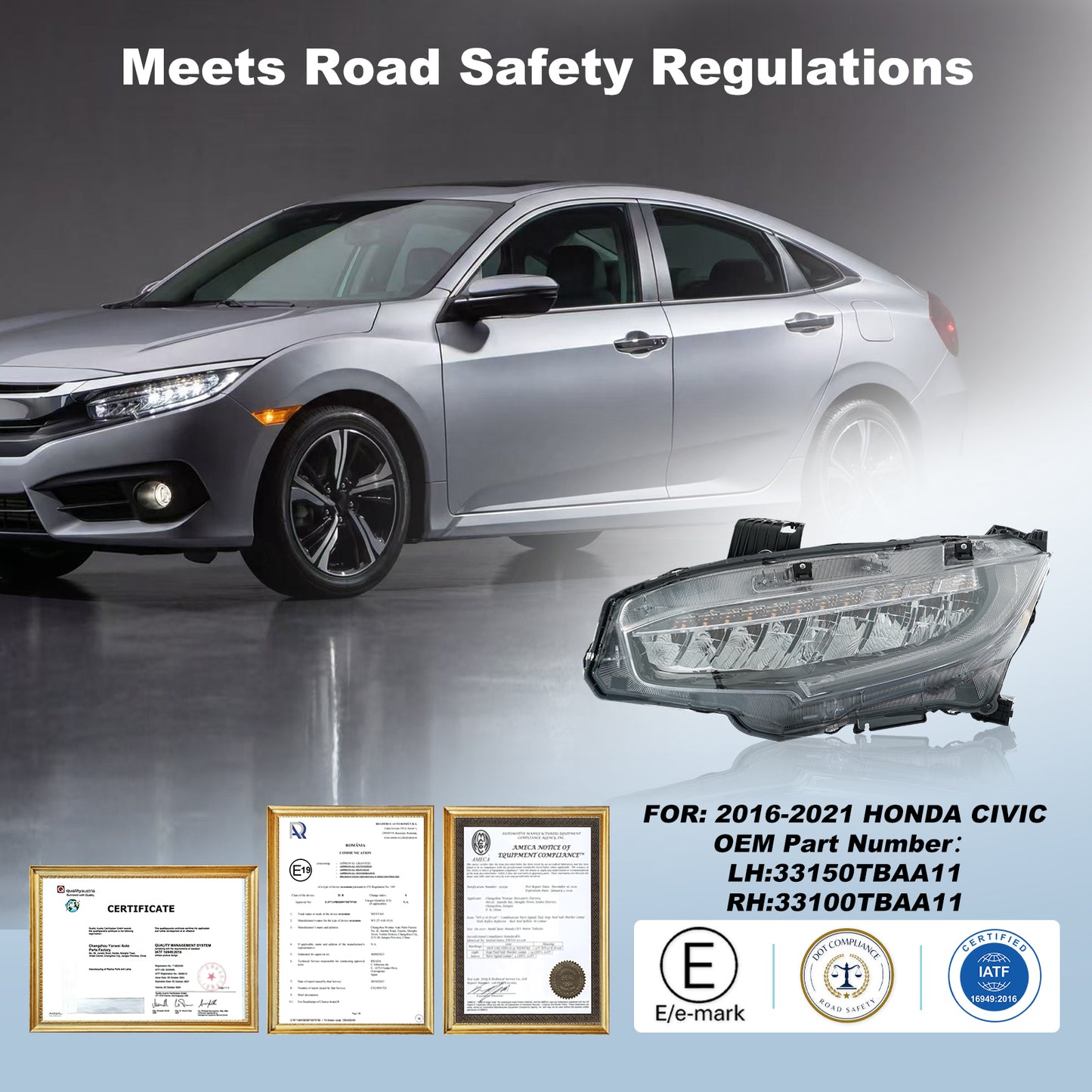 YEWISE Full LED Headlight Assembly Pair for 2016-2021 Honda Civic Touring / EX-L – Sequential Turn Signal, LED DRL + Low Beam + High Beam, Driver & Passenger Side Replacement (OEM# 33150-TBA-A11 / 33100-TBA-A11), DOT Compliant