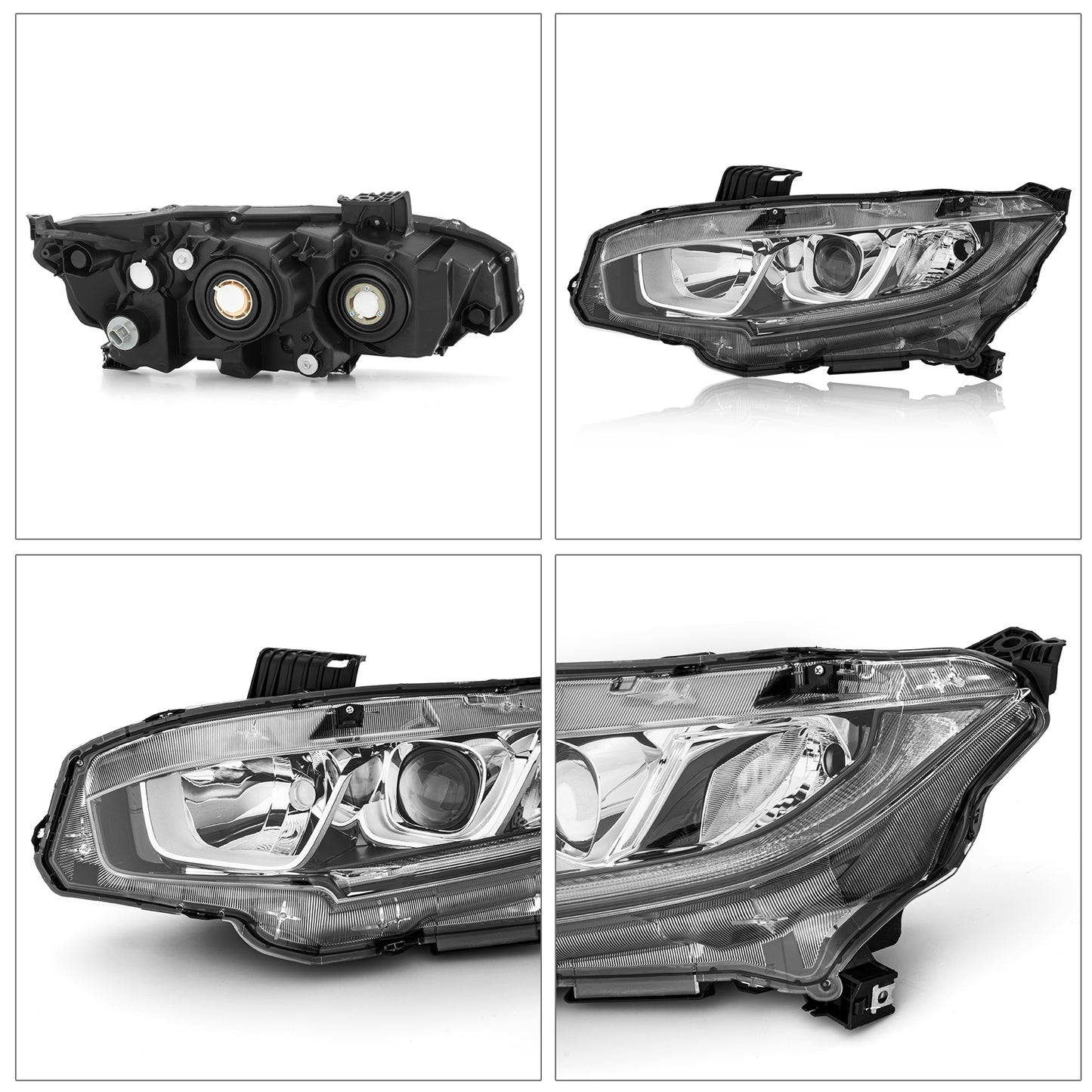 YEWISE Headlight Assembly Pair for 2016-2021 Honda Civic – Chrome Housing Projector Headlamps with LED DRL, Driver & Passenger Side Replacement (OEM# 33150-TBA-A01 / 33100-TBA-A01), DOT Compliant